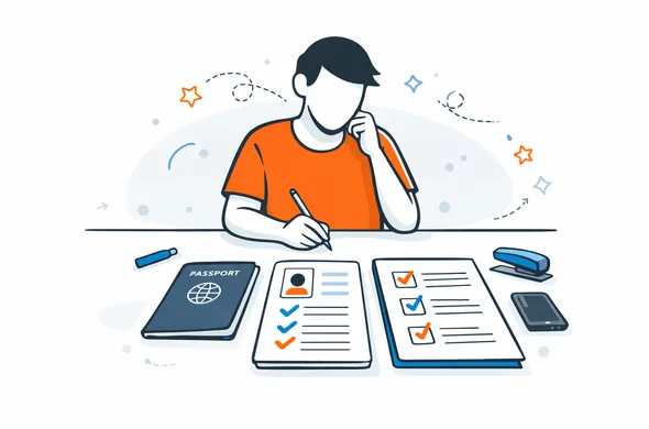 Flat semi-flat vector illustration of organized visa preparation desk with documents neatly aligned, abstract faceless character making calm decisions, clean modern tech feel, minimal background, Aid-Air palette.