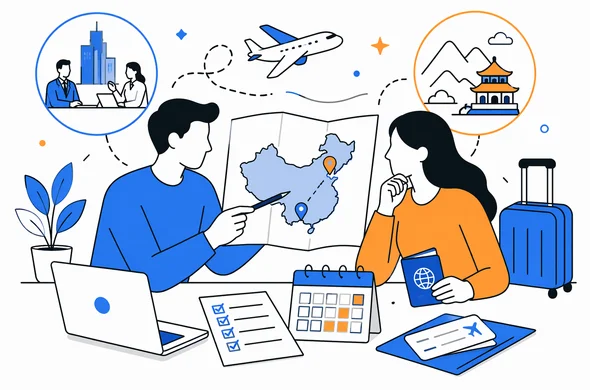 Flat semi-flat vector illustration, modern tech travel planning desk, abstract faceless characters organizing business trip and leisure itinerary for China, calm organized atmosphere, minimal background, Aid-Air palette