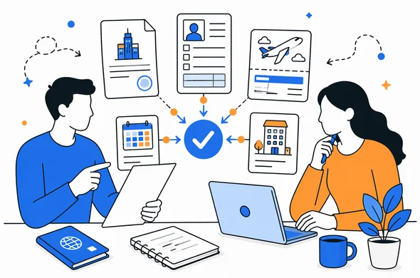 Flat semi-flat vector illustration, abstract faceless characters comparing invitation letter, application form, flights and hotels for a China visa, clean modern tech feel, calm organized atmosphere, minimal background, Aid-Air palette