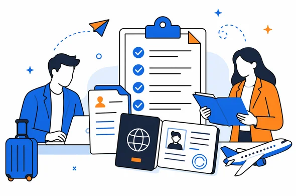 Flat semi-flat vector illustration of organized business travel paperwork for a China visa application, faceless abstract characters, calm organized atmosphere, minimal background, Aid-Air palette, clean modern tech feel