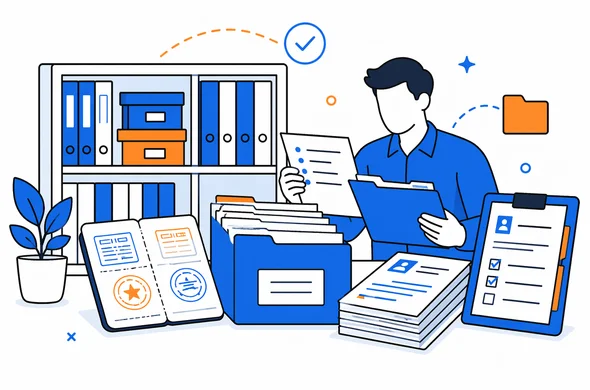 Flat semi-flat vector illustration of a neatly organized archive of previous visas and current business documents, faceless abstract characters, calm organized atmosphere, minimal background, Aid-Air palette, clean modern tech feel