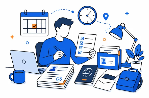 Flat semi-flat vector illustration of calm preparation for visa appointment and passport submission, faceless abstract characters, organized desk, minimal background, Aid-Air palette, clean modern tech feel