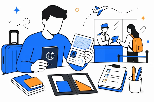 Flat vector illustration of a traveler organizing passport, visa and trip documents before border control, clean modern tech feel, faceless abstract characters, calm organized atmosphere, minimal background, Aid-Air palette