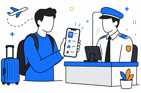 Flat vector illustration of a calm traveler showing organized digital travel documents on a phone at border control, clean modern tech feel, faceless abstract characters, minimal background, Aid-Air palette