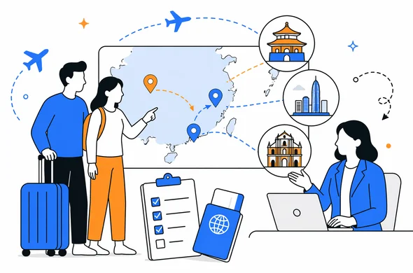 Flat semi-flat vector illustration of a travel itinerary between mainland China, Hong Kong, and Macau, faceless abstract characters, calm organized atmosphere, clean modern tech feel, minimal background, Aid-Air palette