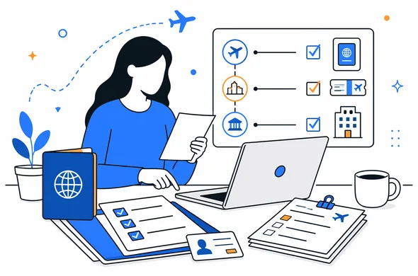 Flat semi-flat vector illustration of organized visa documents and itinerary checking on a laptop, faceless abstract characters, calm modern tech feel, minimal background, Aid-Air palette
