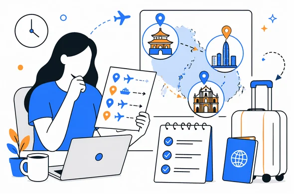 Flat semi-flat vector illustration of a traveler calmly reviewing China trip segments and visa entry planning, faceless abstract characters, clean modern tech feel, minimal background, Aid-Air palette
