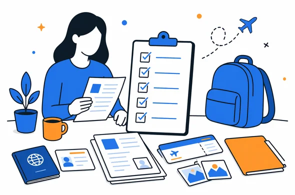 Flat semi-flat vector illustration, travel documents checklist on desk after lost passport situation, calm organized atmosphere, minimal background, faceless abstract characters, clean modern tech feel, Aid-Air palette