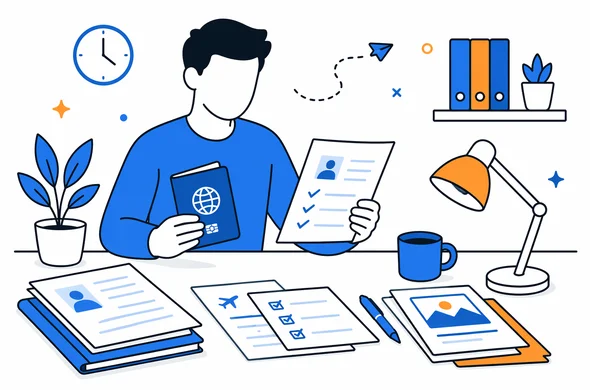 Flat semi-flat vector illustration, organized visa paperwork and new passport preparation, calm minimal office scene, faceless abstract characters, clean modern tech feel, Aid-Air palette