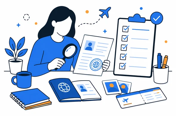 Flat semi-flat vector illustration, calm pre-travel document review with checklist and visa papers, minimal background, faceless abstract characters, clean modern tech feel, Aid-Air palette