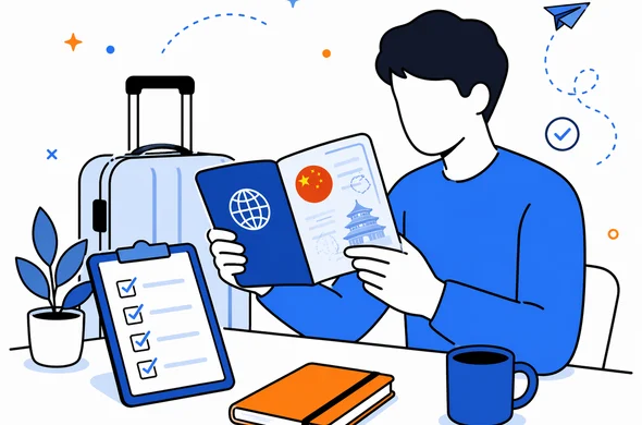 Flat vector illustration of a traveler reviewing a passport with a China visa and a simple checklist on a desk, clean modern tech feel, faceless abstract characters, calm organized atmosphere, minimal background, Aid-Air palette