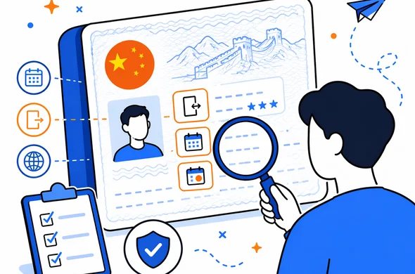 Flat vector illustration of a close-up visa page with highlighted entry count and validity dates, organized checklist elements, clean modern tech feel, faceless abstract characters, minimal background, Aid-Air palette