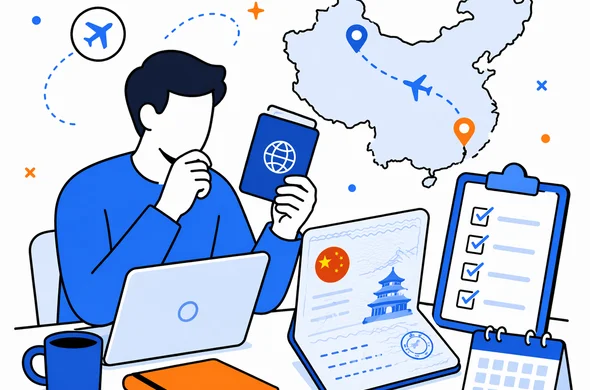 Flat vector illustration of a traveler planning a return trip to China with route lines, passport, visa, and checklist icons, clean modern tech feel, faceless abstract characters, calm organized atmosphere, minimal background, Aid-Air palette