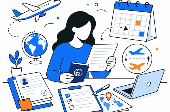 Flat vector illustration of organized travel documents, visa papers, calendar and flight changes on a desk, calm modern tech style, faceless abstract characters, minimal background, Aid-Air palette
