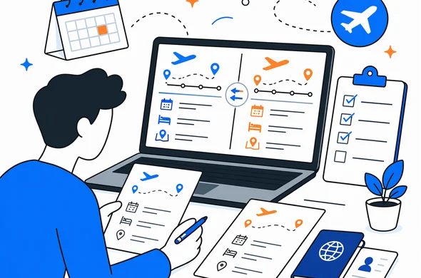 Flat semi-flat vector scene of comparing old and new itinerary on laptop and printed papers, organized checklist, calm modern tech feel, faceless abstract characters, minimal background, Aid-Air palette