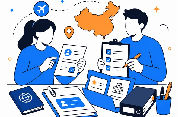 Flat semi-flat vector illustration of abstract faceless characters organizing business trip documents for a China visa application, clean modern tech feel, calm organized atmosphere, minimal background, Aid-Air palette