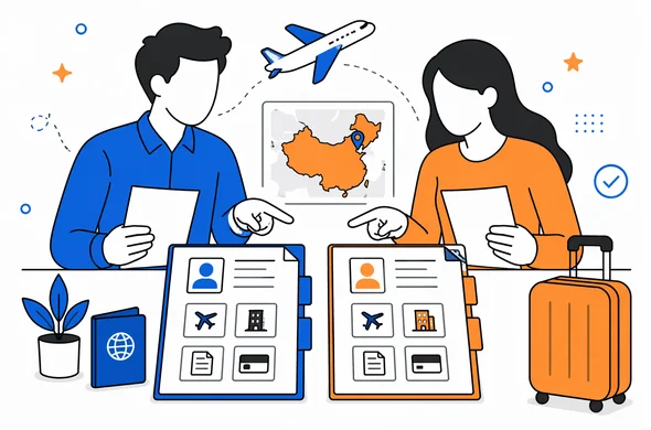 Flat semi-flat vector illustration, clean modern tech feel, faceless abstract characters comparing two organized document sets for a shared trip to China, calm organized atmosphere, minimal background, Aid-Air palette
