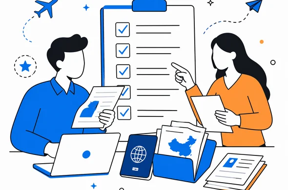 flat vector illustration of organized visa documents checklist for China trip, abstract faceless characters reviewing invitation papers, calm modern tech style, minimal background, Aid-Air color palette