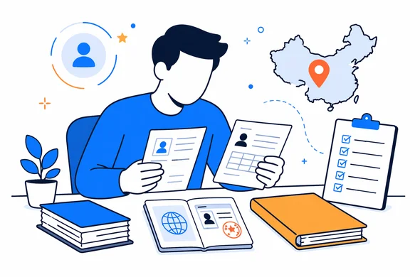 Flat semi-flat vector illustration, faceless abstract character reviewing old China work history and visa papers, calm organized desk, minimal background, clean modern tech feel, Aid-Air palette