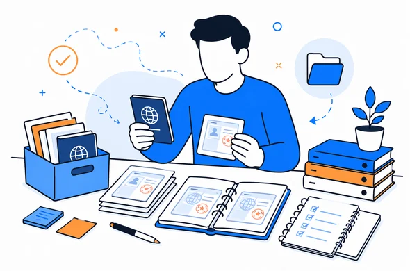 Flat semi-flat vector illustration, faceless abstract character organizing previous China visas, passport copies, and notes on a clean table, calm organized atmosphere, minimal background, Aid-Air palette