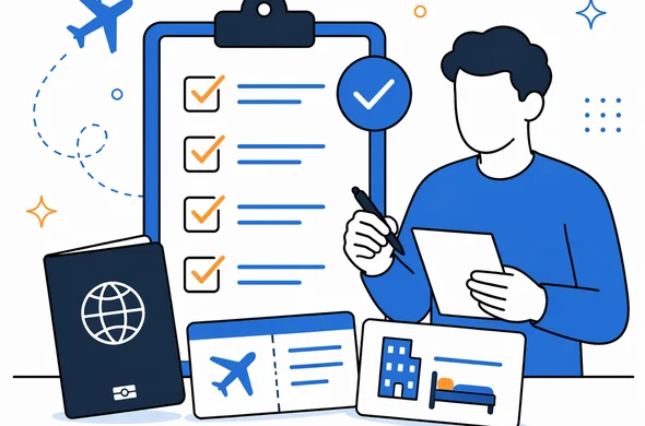 Flat vector illustration of a neat travel checklist with passport, ticket and hotel confirmation, faceless abstract character, clean modern tech feel, calm organized atmosphere, minimal background, Aid-Air palette