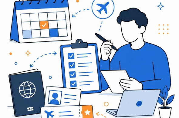 Semi-flat vector illustration of an organized visa planning workflow with calendar, passport and checklist, faceless abstract characters, calm modern tech atmosphere, minimal background, Aid-Air palette