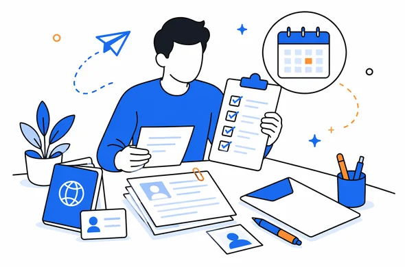 Clean semi-flat vector scene of checking visa documents before booking appointment, checklist passport travel papers on desk, faceless abstract characters, organized calm atmosphere, minimal background, Aid-Air palette