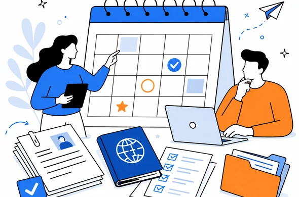 Flat vector illustration of a visa planning calendar with organized documents, calm modern tech style, faceless abstract characters, minimal background, Aid-Air palette