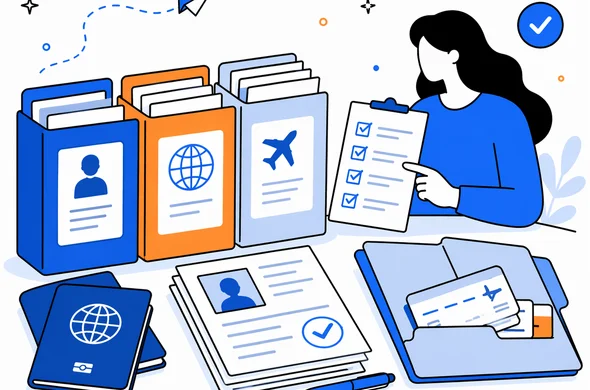 Flat semi-flat vector of organized travel and visa documents in folders, clean modern interface feel, faceless abstract characters, calm organized atmosphere, minimal background, Aid-Air palette
