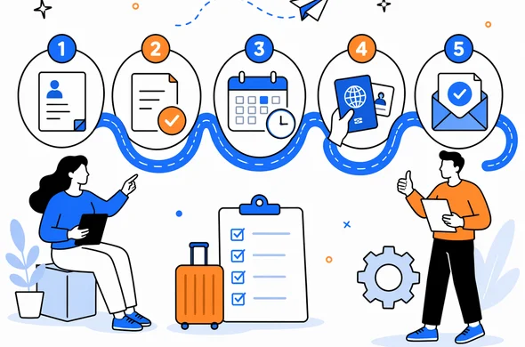 Flat vector illustration of a step-by-step visa process roadmap, calm organized abstract scene, faceless characters, modern tech feel, minimal background, Aid-Air palette