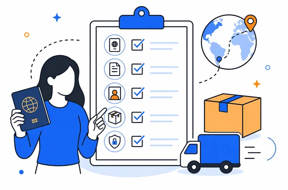 Flat semi-flat vector checklist illustration for passport shipping before a China visa submission, faceless abstract characters, calm organized atmosphere, minimal background, Aid-Air palette