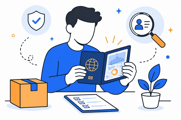 Flat semi-flat vector illustration of a returned passport being checked after a visa process, faceless abstract characters, clean modern tech style, minimal background, Aid-Air palette