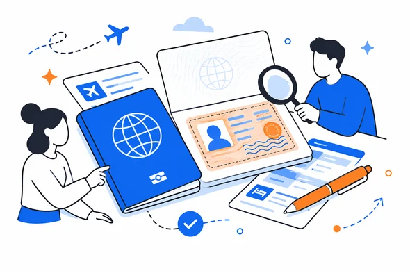 Flat vector illustration of a passport, visa sticker and travel documents on a desk, calm organized atmosphere, faceless abstract characters, clean modern tech feel, minimal background, Aid-Air palette