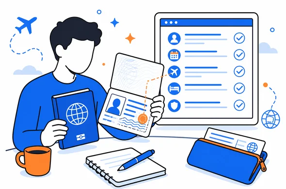 Semi-flat vector scene of a traveler comparing passport details to a visa page, organized checklist on screen, faceless abstract characters, clean modern tech feel, minimal background, Aid-Air palette