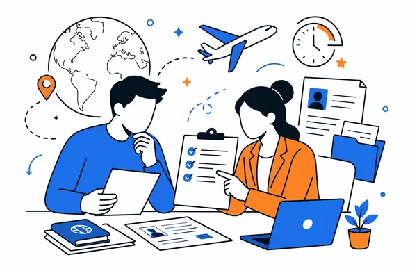 Flat vector illustration, calm organized travel-document review for urgent China visa case, abstract faceless characters, clean modern tech feel, minimal background, Aid-Air palette