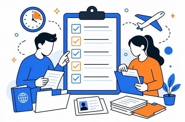 Semi-flat vector checklist for urgent China visa readiness, abstract faceless characters organizing documents, clean interface elements, calm minimal background, Aid-Air palette