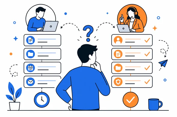 Flat modern vector illustration of choosing between self-service and guided visa process, abstract faceless characters, organized calm workflow, minimal background, Aid-Air palette