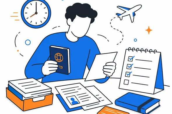 Flat semi-flat vector illustration of a traveler organizing passport, papers and a checklist under time pressure, clean modern tech feel, faceless abstract characters, calm organized atmosphere, minimal background, Aid-Air palette