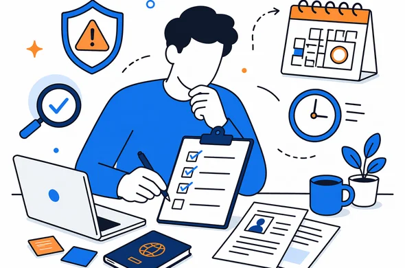 Flat semi-flat vector illustration of a structured risk review for a visa application, checklist, calendar and passport on a desk, clean modern tech feel, faceless abstract characters, calm organized atmosphere, minimal background, Aid-Air palette