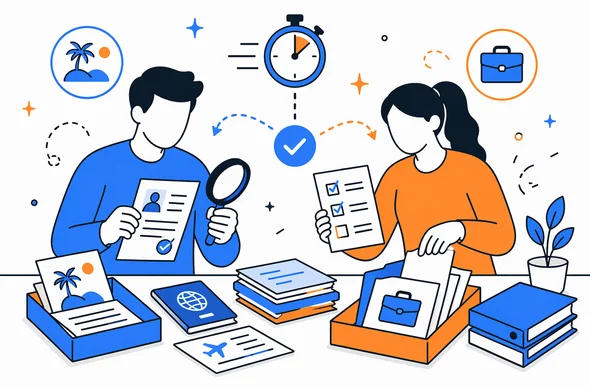 Flat semi-flat vector illustration of a rapid document triage for tourist and business China visa cases, abstract faceless characters organizing papers and checklists, clean modern tech feel, minimal background, Aid-Air palette