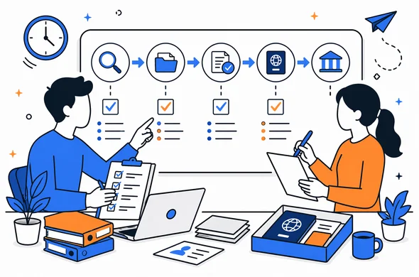Flat semi-flat vector illustration of a calm workflow board for an urgent China visa case, abstract faceless characters organizing steps, checklist and passport flow, modern clean tech feel, minimal background, Aid-Air palette