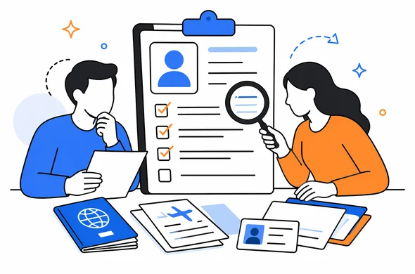 Flat semi-flat vector illustration, clean modern tech feel, abstract faceless characters reviewing a complex visa form with organized supporting documents, calm atmosphere, minimal background, Aid-Air palette.