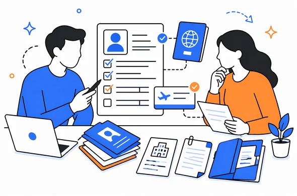 Flat semi-flat vector illustration, clean modern tech feel, abstract faceless characters comparing a visa form, passport, flight booking and supporting documents, organized and calm workspace, minimal background, Aid-Air palette.