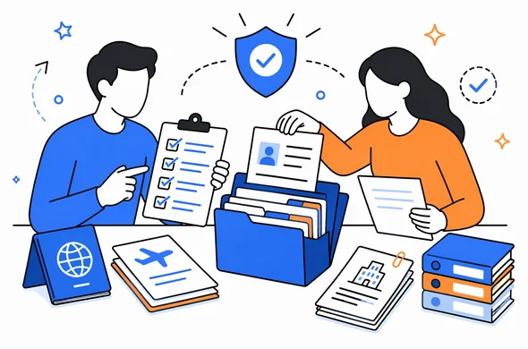 Flat semi-flat vector illustration, clean modern tech feel, abstract faceless characters organizing and reviewing a visa application folder after professional quality check, calm organized atmosphere, minimal background, Aid-Air palette.