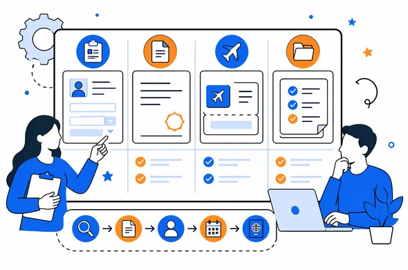Flat semi-flat vector illustration of a workflow board comparing visa form, invitation letter, flight details and process steps, clean modern tech feel, faceless abstract characters, calm organized atmosphere, minimal background, Aid-Air palette.