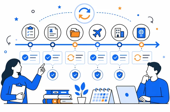 Flat semi-flat vector illustration of an organized visa process timeline with review checkpoints and update markers, clean modern tech feel, faceless abstract characters, calm organized atmosphere, minimal background, Aid-Air palette.