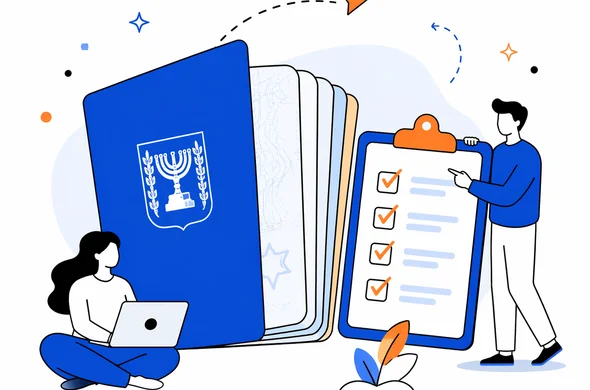 Flat vector illustration of an Israeli passport with only a few blank pages left, a checklist beside it, clean modern tech style, faceless abstract characters, calm organized atmosphere, minimal background, Aid-Air palette