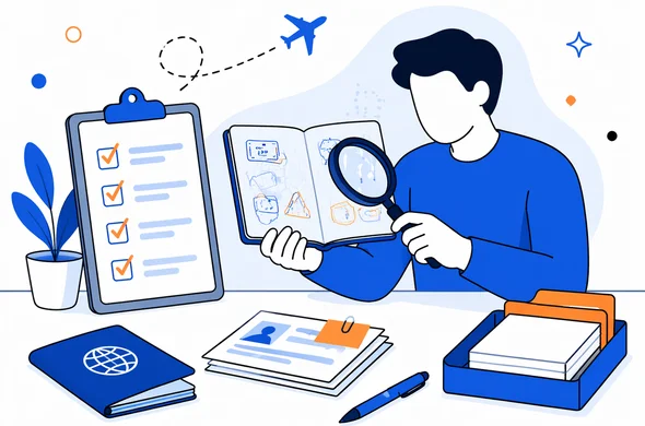 Flat semi-flat vector illustration of travel document review, passport pages, checklist and organized desk, modern calm tech feel, faceless abstract characters, minimal background, Aid-Air palette