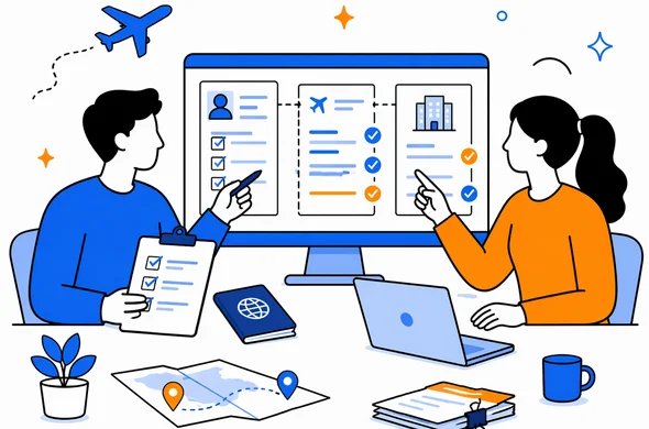 Flat semi-flat vector illustration, modern tech style, faceless abstract characters comparing visa application form with flight and hotel documents on a screen, calm organized workspace, minimal background, Aid-Air palette