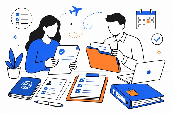 Flat vector illustration of organized visa preparation desk with passport, documents and folders, faceless abstract characters, calm organized atmosphere, clean modern tech feel, minimal background, Aid-Air palette